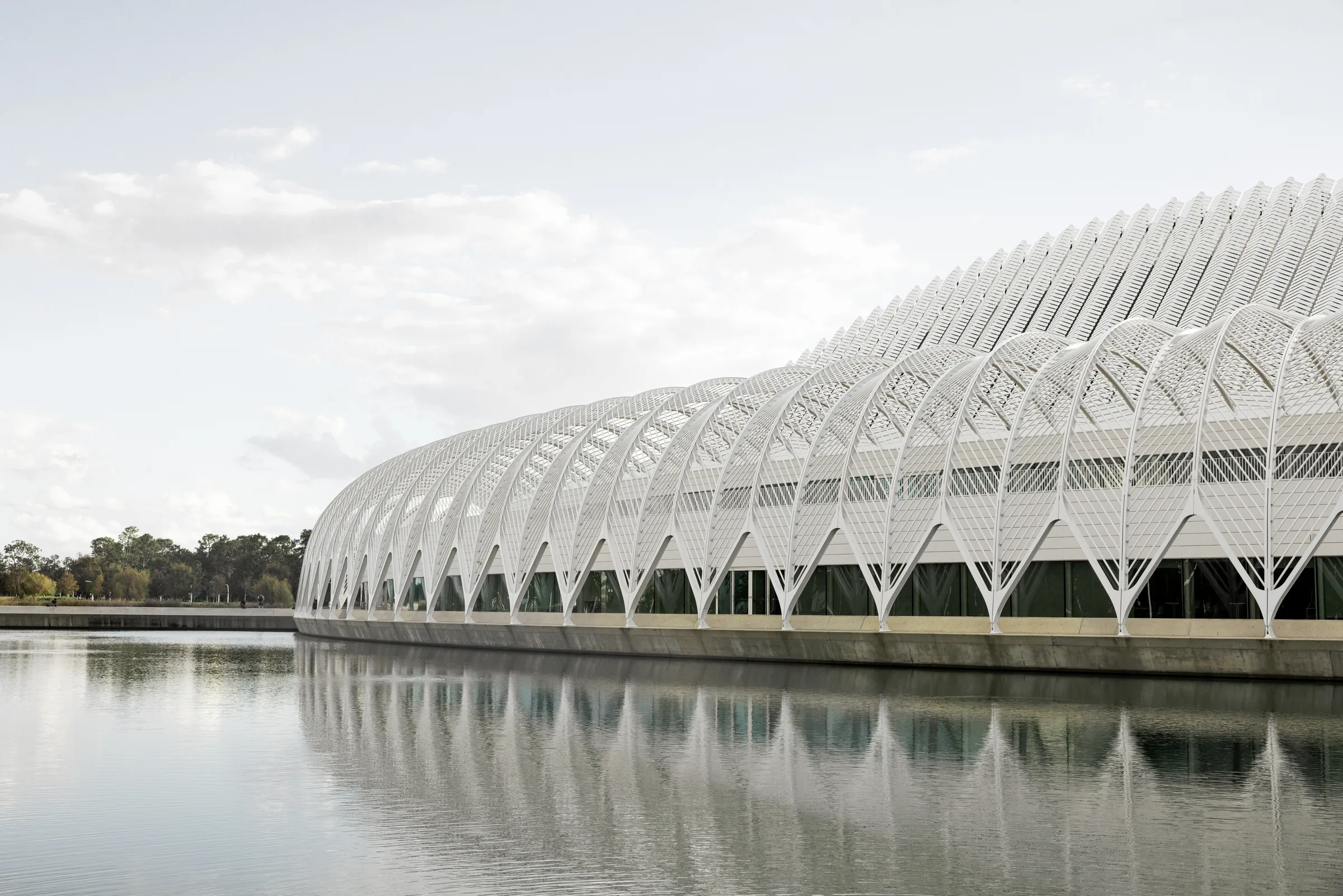 Exterior view of the Innovation, Science, and Technology Building's white ribbed canopy reflected in its surrounding lake, Miami, by ARCHTRAITS